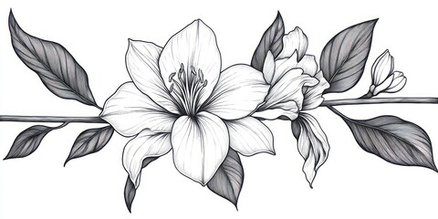 Detailed black and white botanical drawing of a flowering branch with large blooming flowers and elongated leaves in fine line art style
