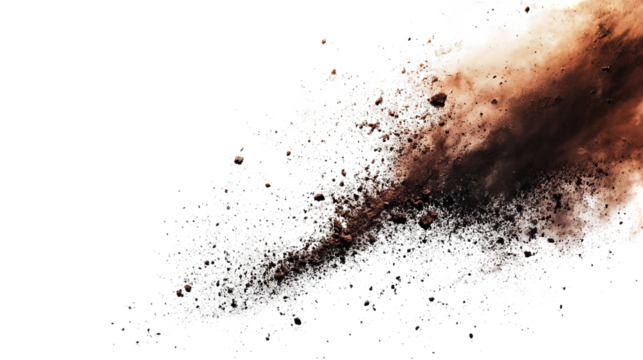 Abstract explosion of earth-toned dust and particles against a stark black backdrop