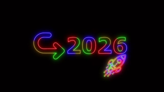 Neon glowing rocket launch with 2026 target goal symbol, futuristic business growth concept animation for Stuart success and achievement presentation
