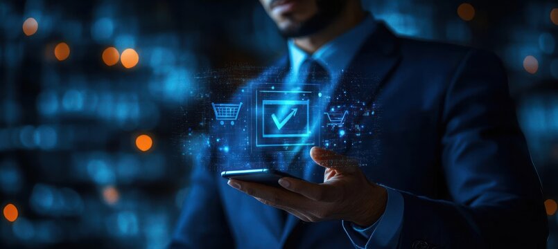 Man in suit holding smartphone with holographic digital shopping interface and checkmark symbol glowing in futuristic blue light