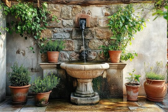 Stone wall water fountain surrounded by clay pots with green plants and trailing vines in a rustic outdoor setting