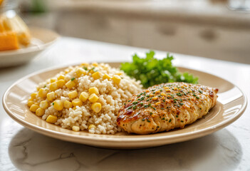 Elegant meal with miniature corn and seasoned chicken