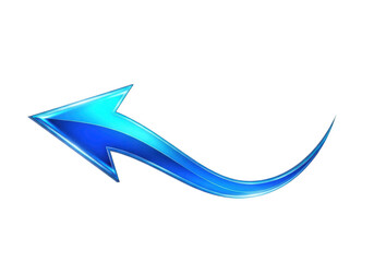 Glossy blue curved arrow pointing up and left isolated on transparent background