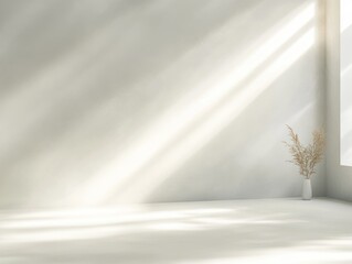 Minimalist empty room with light beams casting soft shadows across white walls and floor, featuring a single vase with dried plants creating a calm and serene atmosphere
