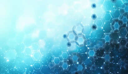 Abstract digital background with transparent blue hexagonal molecular patterns floating on a light blue gradient with sparkling light effects