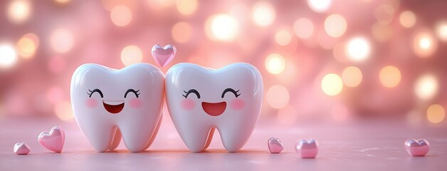 Two happy cartoon teeth characters with smiling faces and pink cheeks surrounded by small pink hearts on a soft pink background with bokeh lights