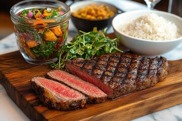 Grilled medium-rare steak sliced on wooden board with fresh greens, bowl of white rice, cooked vegetables in glass jar, and side of grain salad