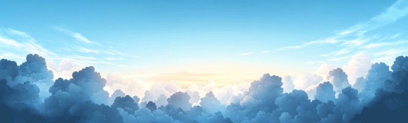 Expansive view of a bright sky with fluffy clouds at sunrise or sunset creating a peaceful and serene atmosphere