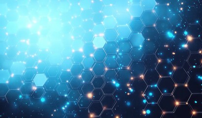Futuristic blue glowing honeycomb grid with scattered light particles on dark background