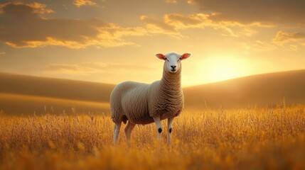 A lone sheep standing in a golden field during sunset with soft clouds and warm glowing light