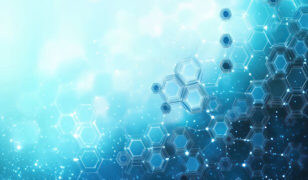 Abstract digital background with transparent blue hexagonal molecular patterns floating on a light blue gradient with sparkling light effects