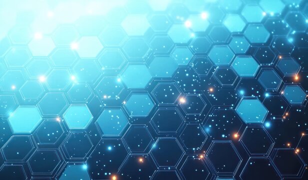 Digital abstract blue hexagonal grid pattern with glowing light effects and scattered small particles creating a futuristic and technological atmosphere