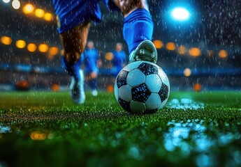 Close-up of a soccer player in blue uniform kicking a soccer ball on wet grass under stadium lights during heavy rain, showing action and energy