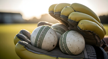 Cricket wicket keeper gloves holding two new white cricket balls