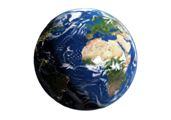 3D image of Earth view from space showing isolated continents and oceans on a transparent background. Detailed globe image of Earth view from space showing continents, oceans, clouds and atmosphere