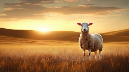 Single sheep standing in a golden wheat field during a warm sunset with soft clouds and rolling hills in the background