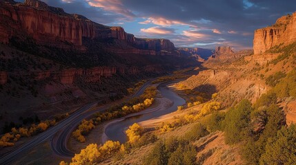 Scenic canyon landscape with winding river, autumn yellow trees, and dramatic sunset clouds casting warm light on red rock cliffs
