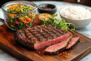 Juicy grilled steak sliced on wooden board with coarse salt garnish served alongside fresh mixed vegetable salad and white rice bowl