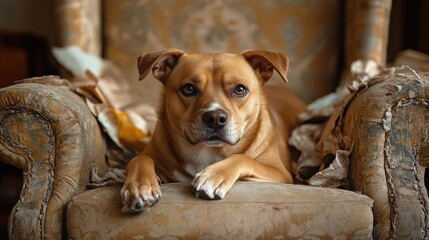 brown dog resting on worn and torn beige armchair looking directly at camera with calm and curious expression