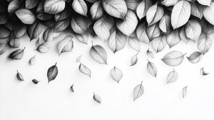 Monochrome illustration of falling leaves with detailed shading creating a serene and calm atmosphere