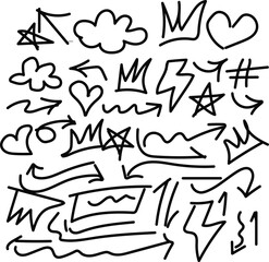 Hand drawn doodle elements collection with arrows clouds hearts and stars