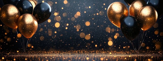 Luxurious celebration scene with black and gold balloons surrounded by glowing golden particles and sparkling light effects evoking festive elegance