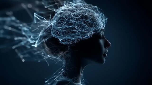 A profile view of a person with a complex network design surrounding their head, evoking a sense of thought and connection.