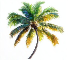 Vibrant palm tree with lush green and yellow fronds isolated on white background, evoking a tropical and serene atmosphere