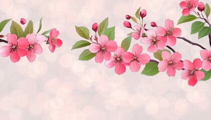 delicate pink cherry blossom branches with fresh green leaves on soft blurred light background conveying spring freshness and beauty