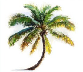 Detailed illustration of a tall palm tree with lush green and yellow fronds curving gently against a white background