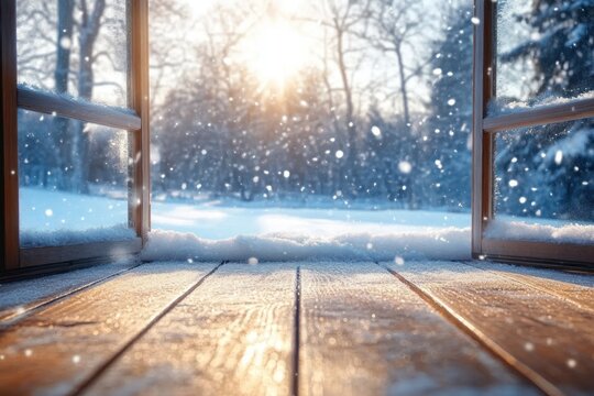 view through open wooden doors to a snowy winter landscape with sunlight shining through bare trees and snowflakes falling gently