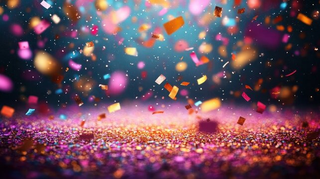 Colorful confetti and glitter falling and scattered on surface with a sparkling vibrant background creating festive joyful atmosphere - Powered by Adobe