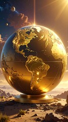 Golden globe in desert scene