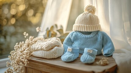 Cozy knitted baby clothes including hat, sweater, booties, and folded garments displayed on a wooden surface with soft natural lighting