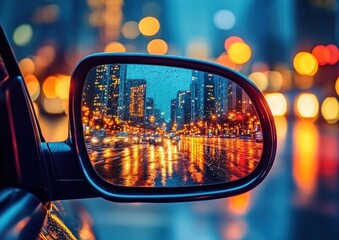Rainy cityscape at night reflected in a car side mirror with wet streets, bright lights, and blurred colorful bokeh in the background