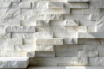 Close-up view of a textured white stone wall with varying rectangular blocks creating a layered and rugged surface