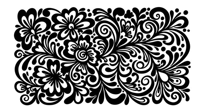 Elegant Black Ornate Floral Swirl Pattern with Leaves, Isolated White Background