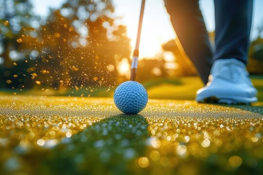 Close-up of a golf ball on grass with a golf club and a person wearing white shoes preparing to hit the ball at sunset with sparkling light effects - Powered by Adobe