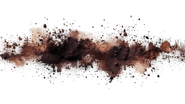 Brown powder erupts in a dynamic wave against a black background, creating a textured cloud