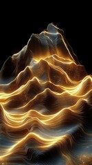 Obraz premium Abstract glowing golden and white layered mountain landscape with flowing wave-like lines on black background, evoking futuristic and serene atmosphere