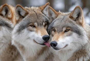 three wolves, one of them licking the face of another wolf