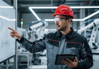 Factory engineer in hard hat analyzing digital schematics on screen with tablet.