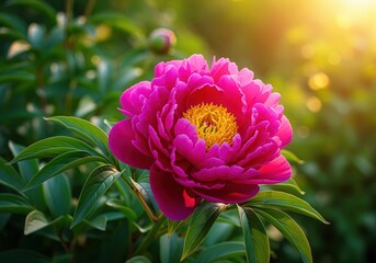 Luxurious magenta peony blossom with golden center bathed in warm evening light.