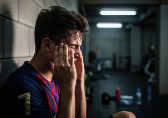 Exhausted young soccer player suffering from pain or injury in a dark locker room.