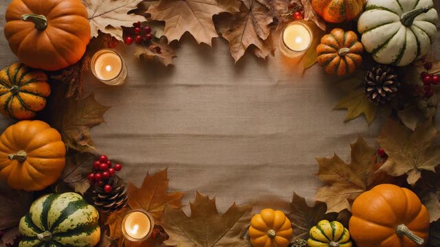 Dekorasi musim gugur dan labu kuning untuk bingkai kartu ucapan syukur atau Hallowen dengan daun-daun oranye dan kuning