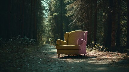 Empty chair in forest pathway