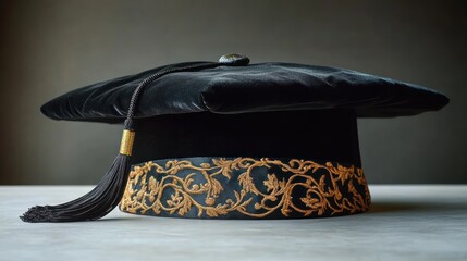 black velvet academic cap with gold embroidered band and black tassel resting on a smooth surface