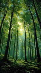 Fototapeta premium Sunlight filtering through tall green trees in a peaceful, dense forest with soft moss and ferns covering the ground, creating a calm and serene atmosphere