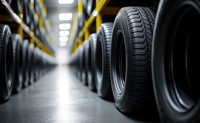 Fototapeta premium Rows of new black tires neatly arranged on both sides of a brightly lit warehouse aisle with reflective concrete floor and yellow shelving