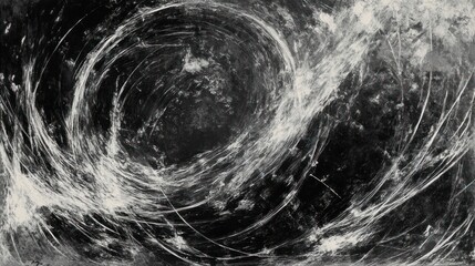 Abstract black and white swirling patterns with dynamic circular motion and chaotic brush strokes creating intense energy and movement